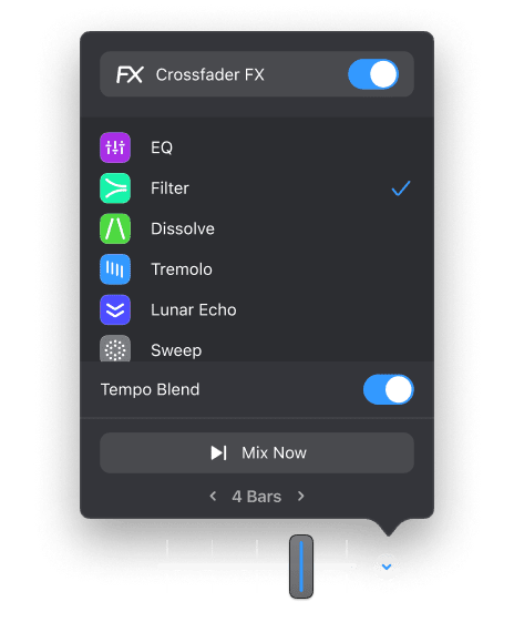 Crossfader Fusion 在 Automix 过渡设置里作为一个可选项