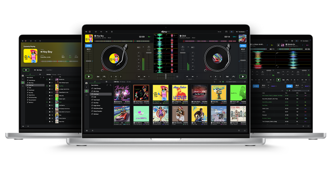 djay for Mac 主界面:波形甲板模式 + 媒体库并排